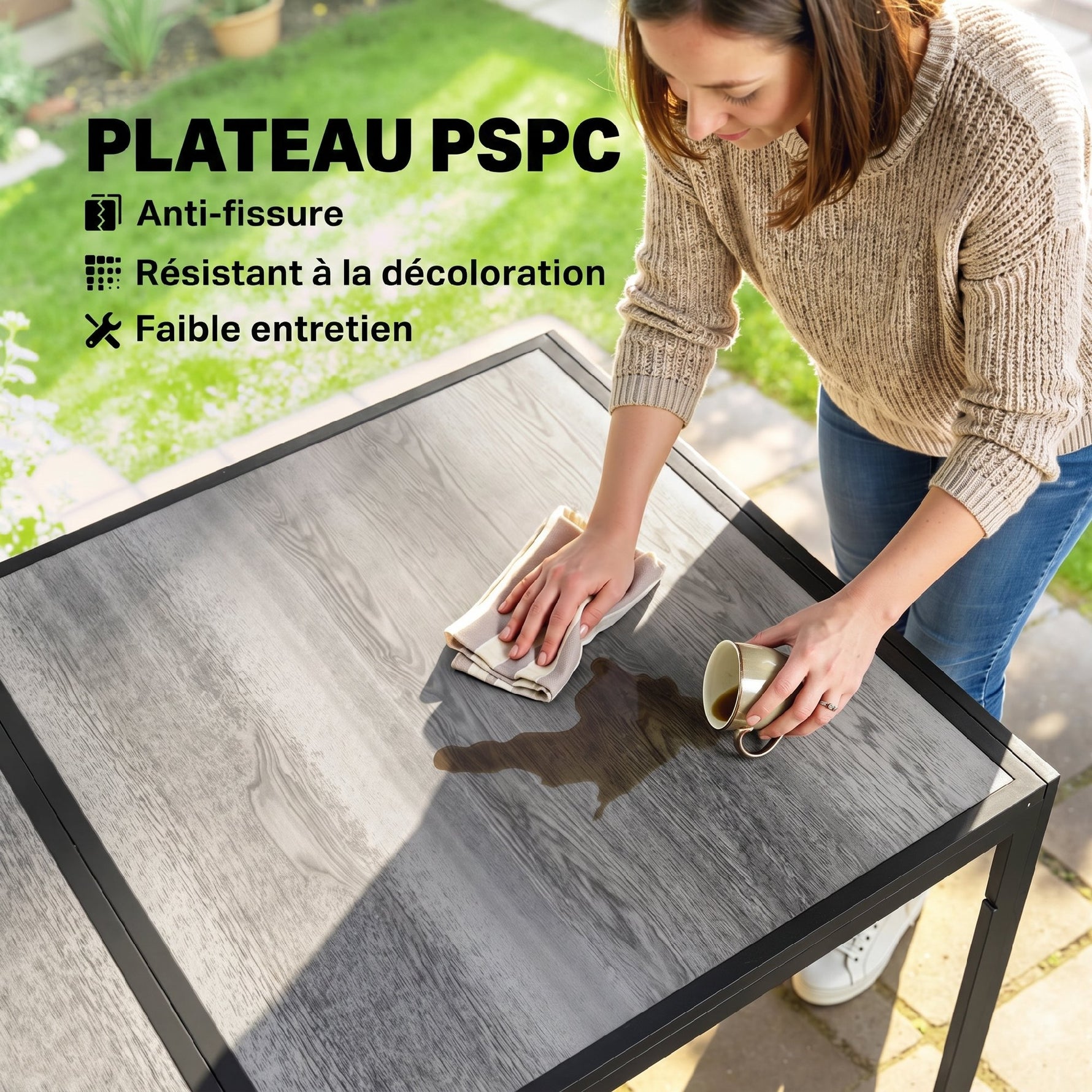 Table de jardin pour 4 à 6 personnes, table à manger extérieure avec plateau à effet bois, 150 x 80 x 74 cm, gris