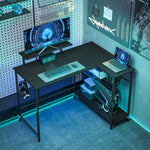 Bureau gaming réversible, bureau gaming d'angle, support pour écran, étagère en maille réglable, 114,5x82x91,5cm, noir