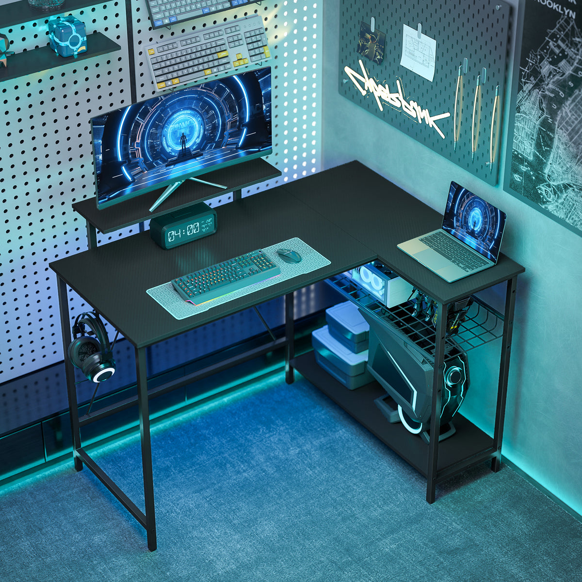 Bureau gaming réversible, bureau gaming d'angle, support pour écran, étagère en maille réglable, 114,5x82x91,5cm, noir