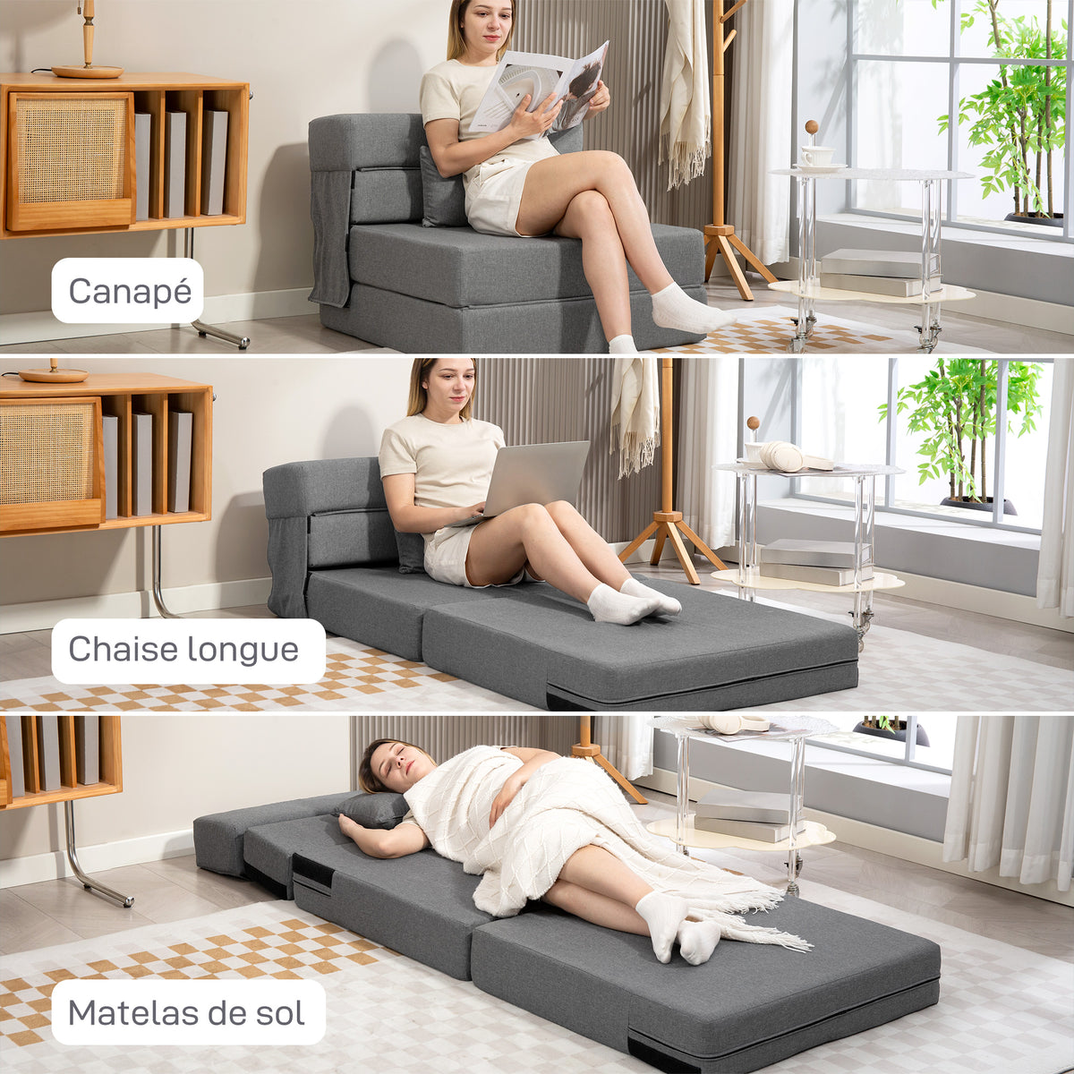 Fauteuil convertible 1 place fauteuil lit pliant, coussin inclus, pour invités, salon, petit espace, charge 120 kg, gris