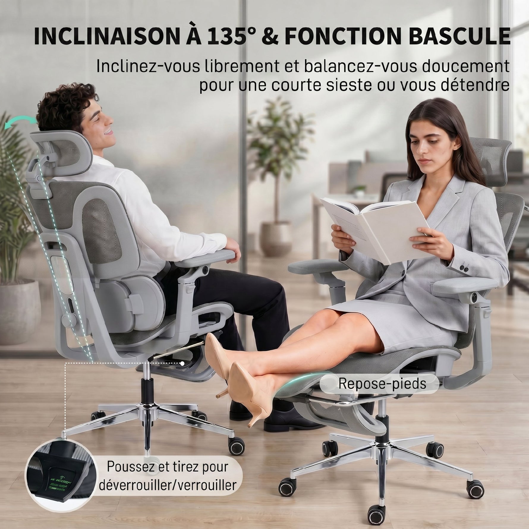 Chaise Bureau Ergonomique avec Accoudoirs 6D Appui-Tête et Profondeur d'Assise Réglables Maille Gris