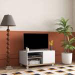 Meuble TV sur roulettes avec 2 Freins - 2 niches + Placard Porte 2 Passe-Fil - en bois Blanc chêne Clair