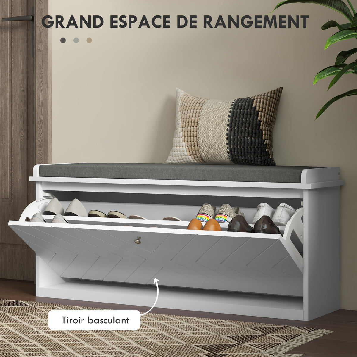 Banc à chaussures avec tiroir rabattable, coussin d'assise et étagère réglable, 100 x 26 x 48 cm, blanc