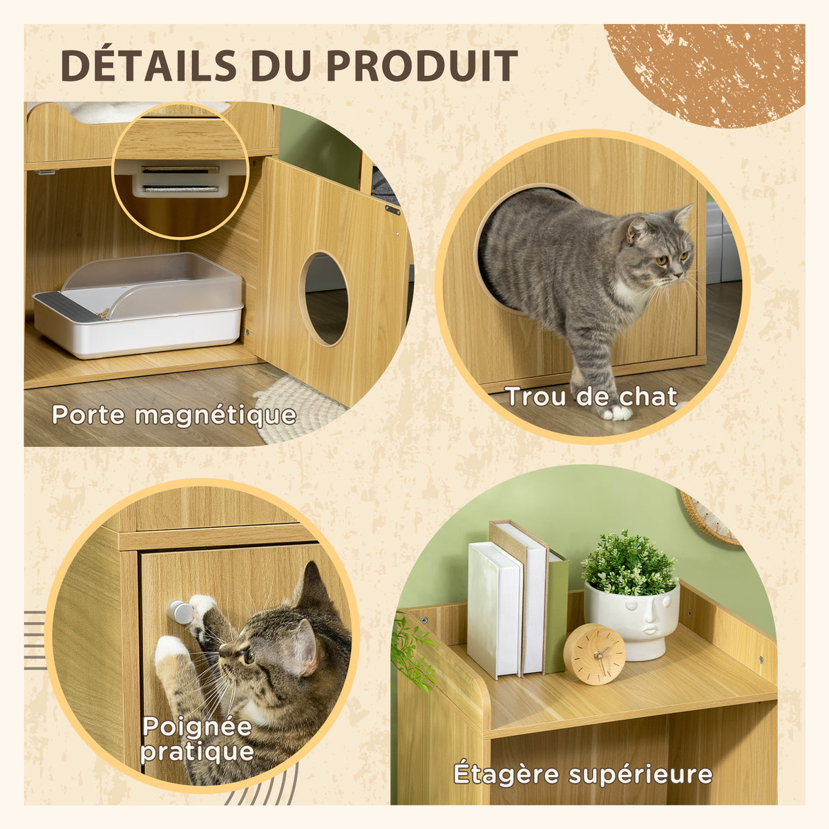 Mobile toilette per gatti, mobile lettiera per gatti a 3 livelli, scomparto chiuso da un'anta, 1 cuscino, 60 x 45 x 103 cm