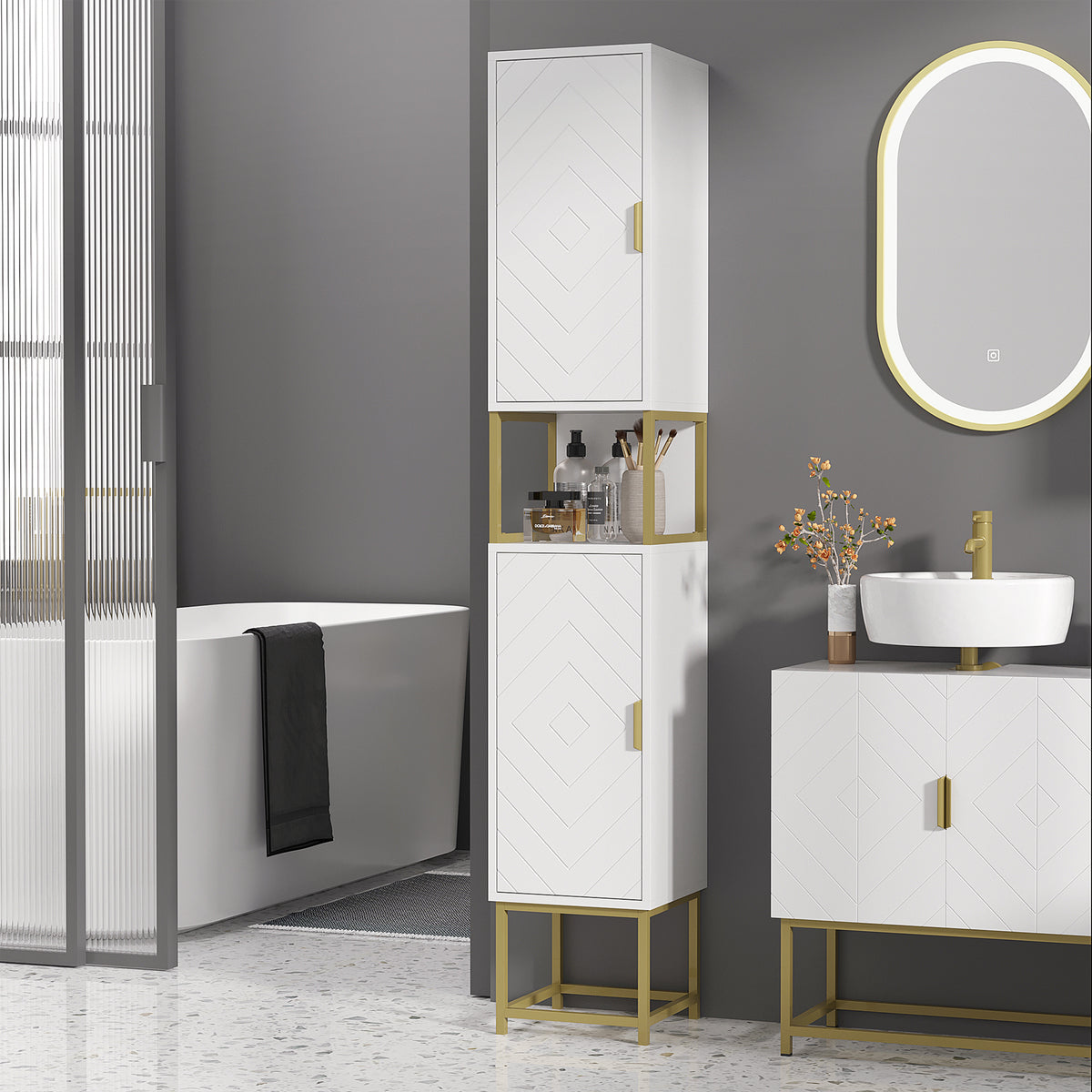 Meuble colonne rangement salle de bain avec niche et 2 placards étagère réglable pieds en acier