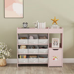 Meuble rangement enfant étagère de rangement pour jouets enfants avec 9 tiroirs en tissu et placard, rose