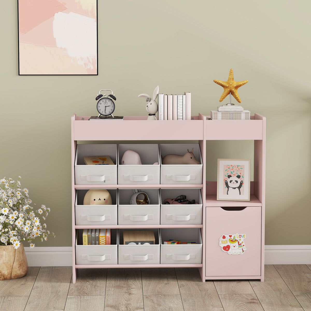 Meuble rangement enfant étagère de rangement pour jouets enfants avec 9 tiroirs en tissu et placard, rose