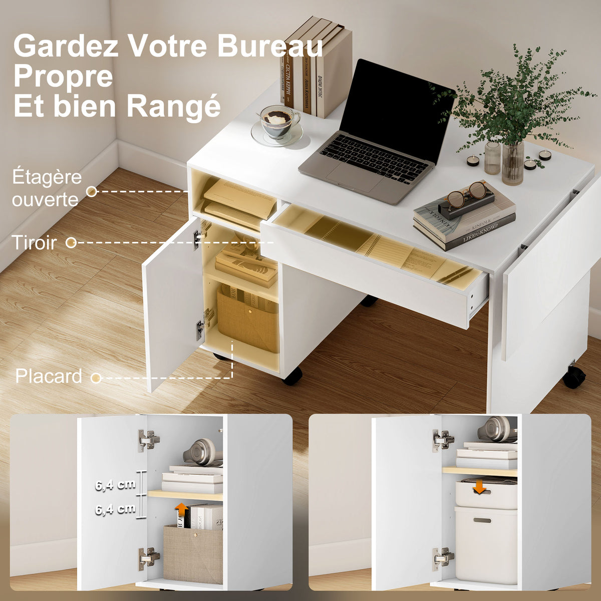 Bureau d'ordinateur sur roulettes, table informatique avec abattant, tiroir, placard et compartiment, 130 x 58 cm, blanc