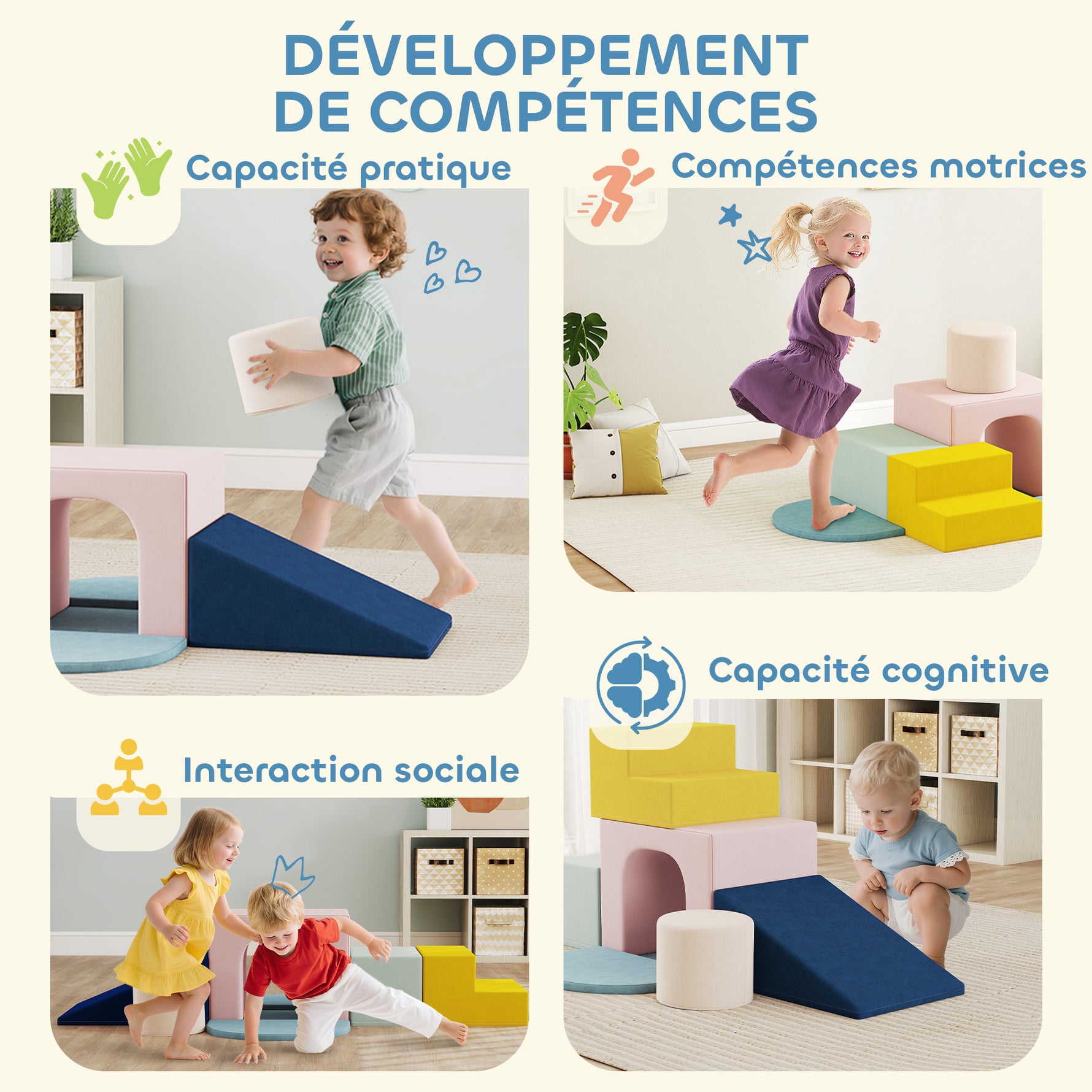 Parcours motricité bébé jouet d'escalade modulable 8 pièces housse lavable en velours 51 x 40 x 40 cm multicolore