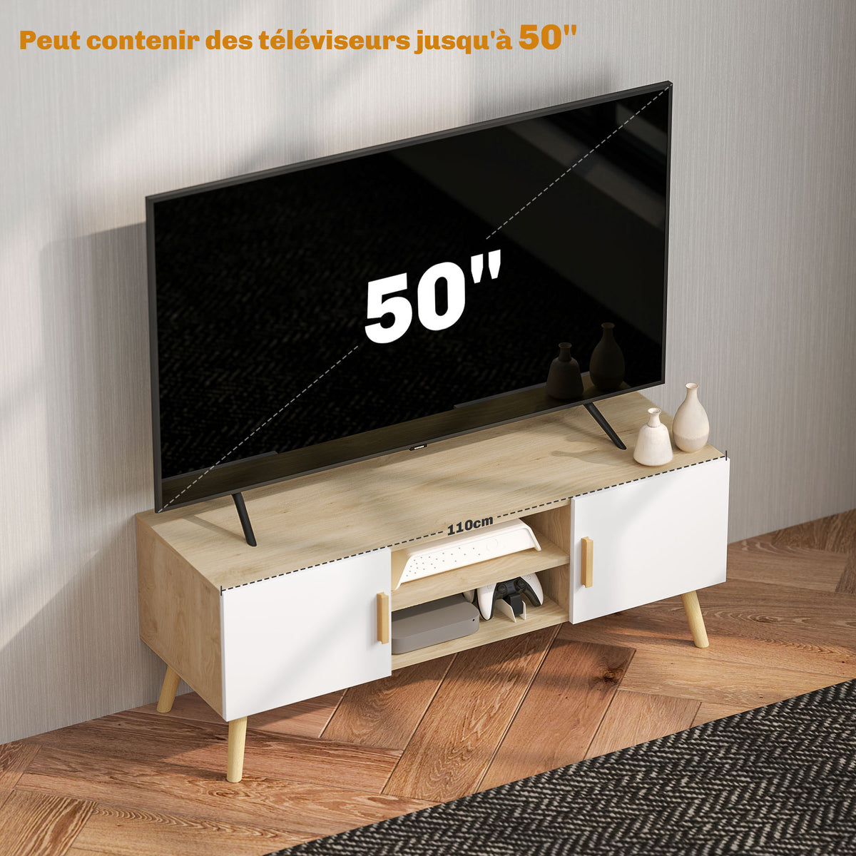 Meuble TV meuble télé bois banc TV jusqu'à 50 pouces avec étagères, 2 placards et passe-câbles, chêne