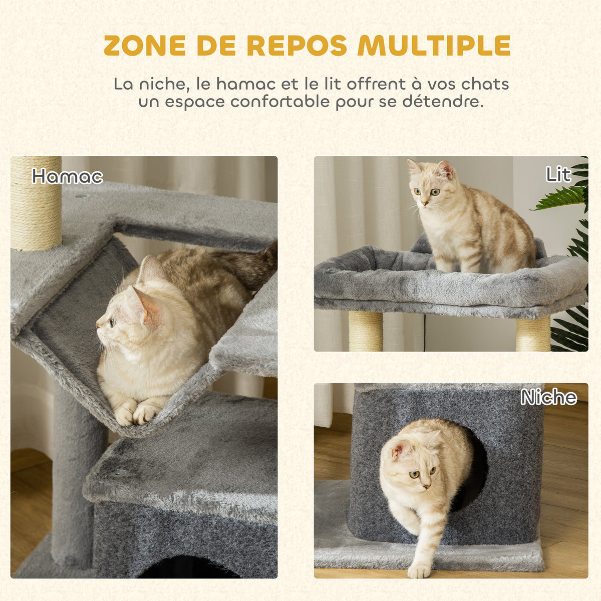 Arbre à chat avec griffoir, en tissu peluche, tour de jeux pour chat, lit, niche, hamac, plateforme 48 x 48 x 90 cm gris
