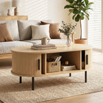 Table basse ovale en bois, table de salon moderne avec portes coulissantes et rangement caché, 100x55x40cm, bois naturel