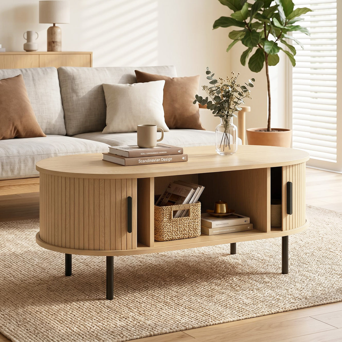Table basse ovale en bois, table de salon moderne avec portes coulissantes et rangement caché, 100x55x40cm, bois naturel