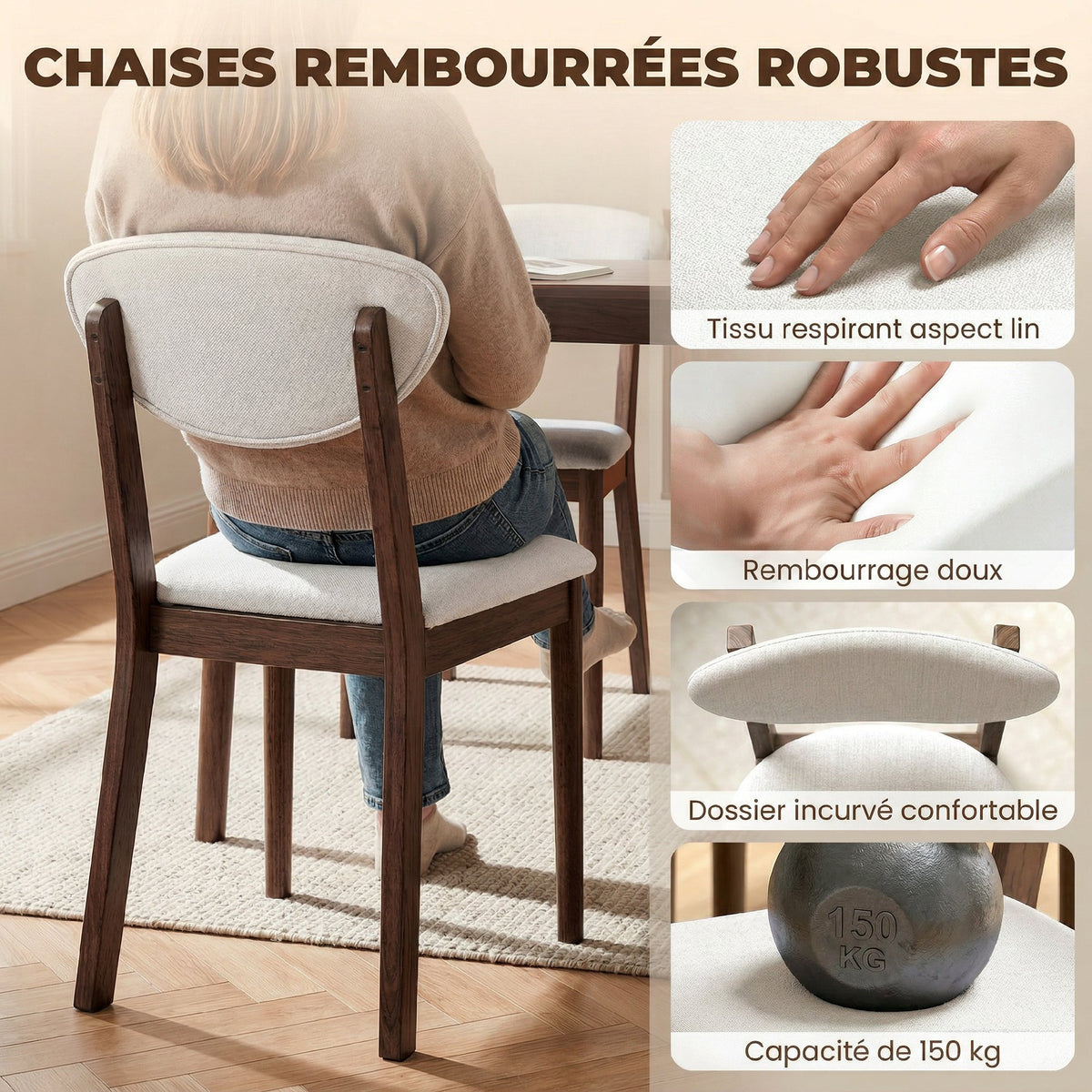 Ensemble table salle à manger avec 4 chaises table de cuisine avec chaises 4 personnes assise rembourrée noyer crème
