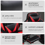 Chaise gaming Ergonomique, Fauteuil de Bureau confortable avec Repose-Pied, Appuie-Tête et coussin lombaire, Hauteur Réglable, noir et rouge