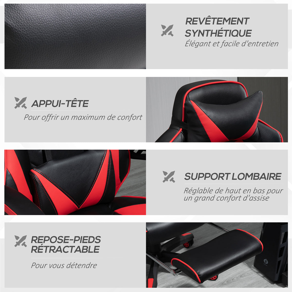 Chaise gaming Ergonomique, Fauteuil de Bureau confortable avec Repose-Pied, Appuie-Tête et coussin lombaire, Hauteur Réglable, noir et rouge