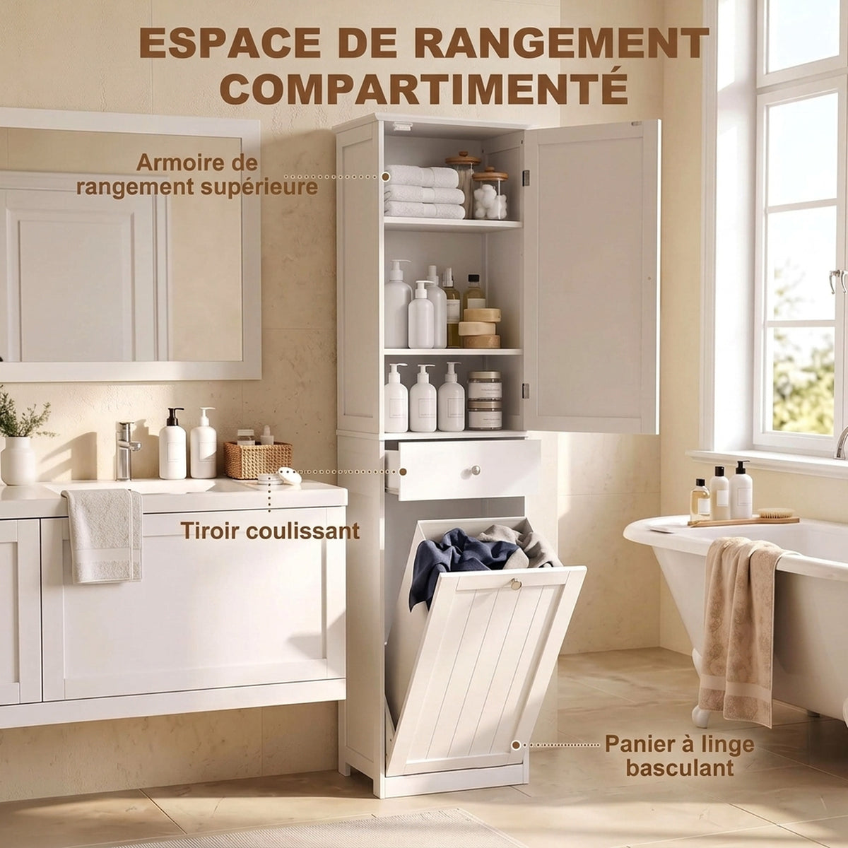 Badezimmerschrank mit Schublade, Wäschekorb, verstellbarem Regal, moderner Stil, 45 x 30 x 180 cm, Weiß