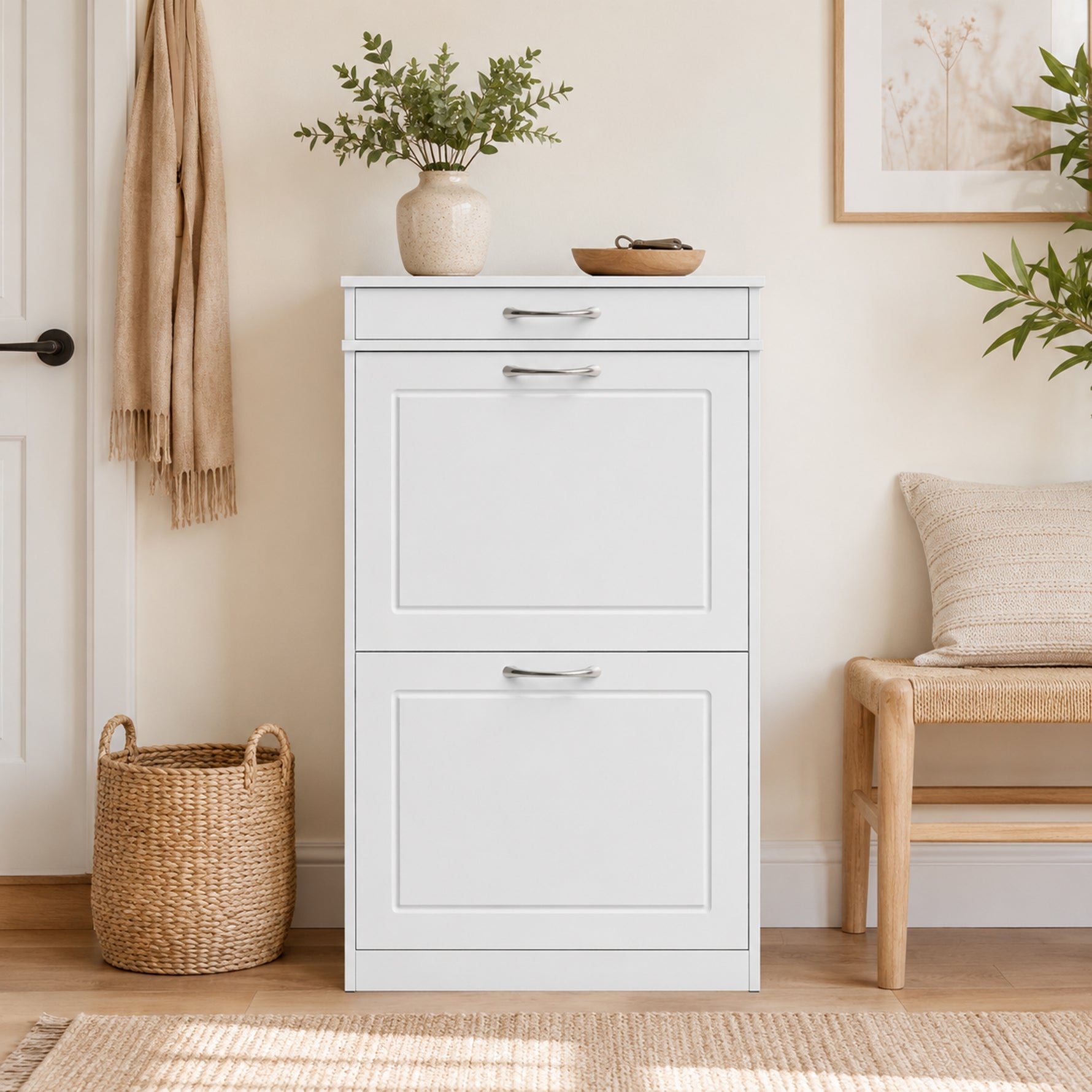Meuble chaussure 8 paires, armoire à chaussures étroit avec tiroir et 2 portes abattants et étagère réglable, blanc