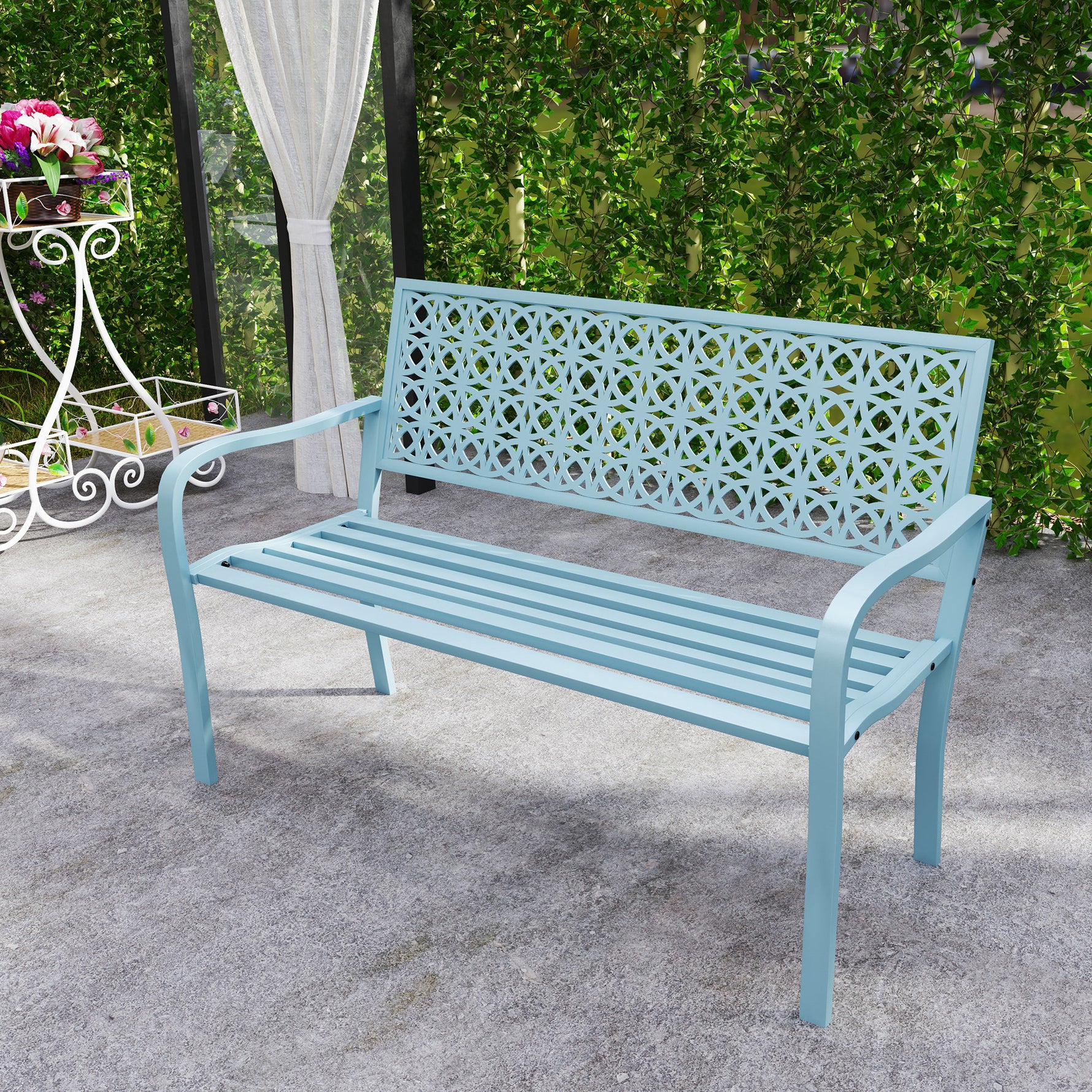 Banc de jardin 2 places, banc extérieur jardin en acier avec dossier ajouré, 127 x 63 x 85 cm, bleu