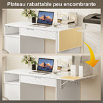 Bureau d'ordinateur sur roulettes, table informatique avec abattant, tiroir, placard et compartiment, 130 x 58 cm, blanc