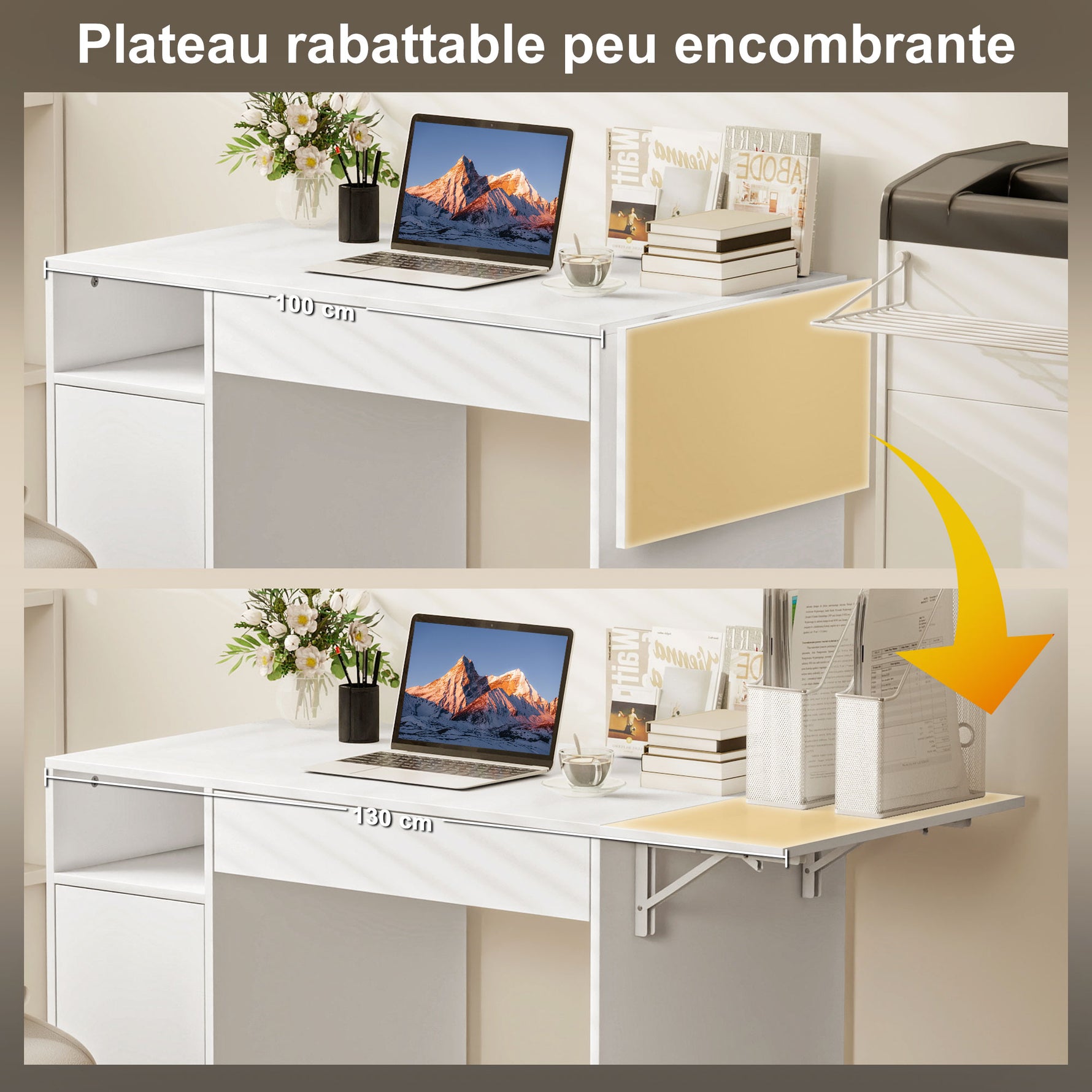 Bureau d'ordinateur sur roulettes, table informatique avec abattant, tiroir, placard et compartiment, 130 x 58 cm, blanc