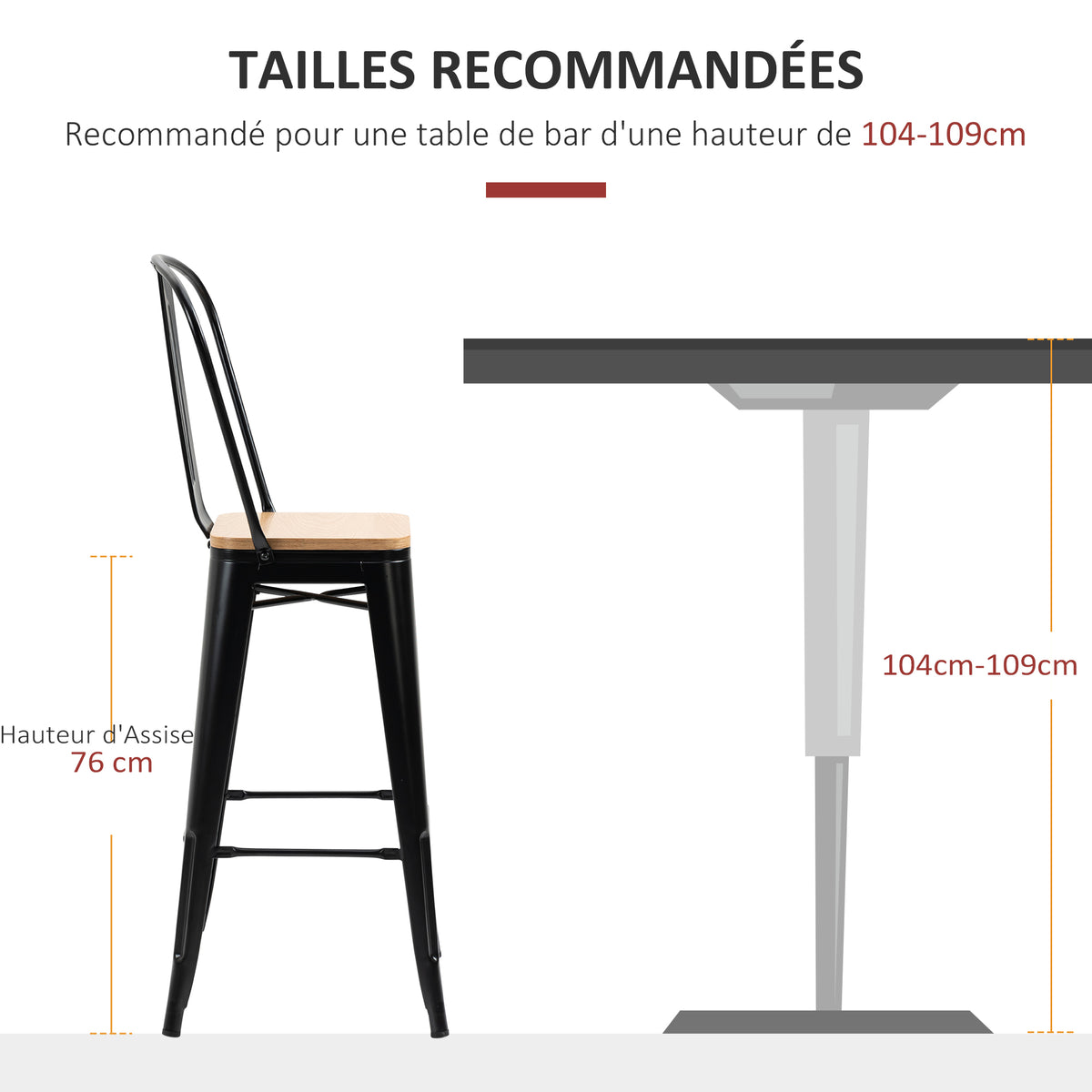 Lot de 4 tabourets de Bar Industriel avec Dossier Repose-Pied Hauteur Assise 76 cm métal noir Panneaux Multicouches Imitation Bois Clair