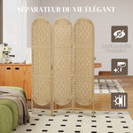 Paravent interieur ovale 3 panneaux 120 x 170 cm séparateur de pièce pliable, léger et tissé, bois naturel