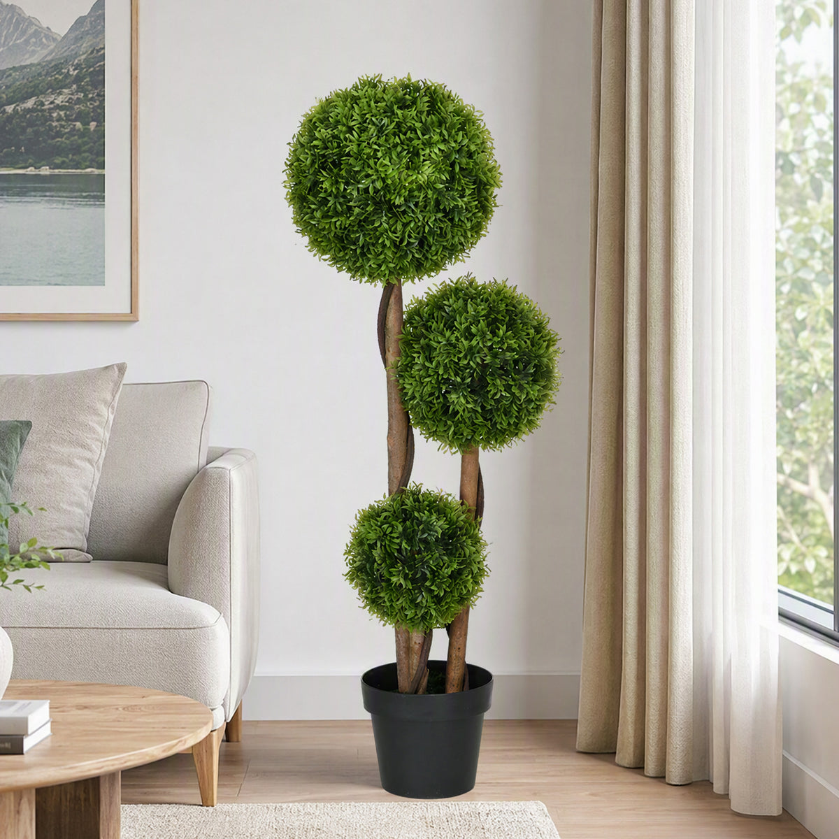 Arbre artificiel buis avec 3 boules feuilles de bambou pot inclus intérieur et extérieur hauteur 110 cm vert