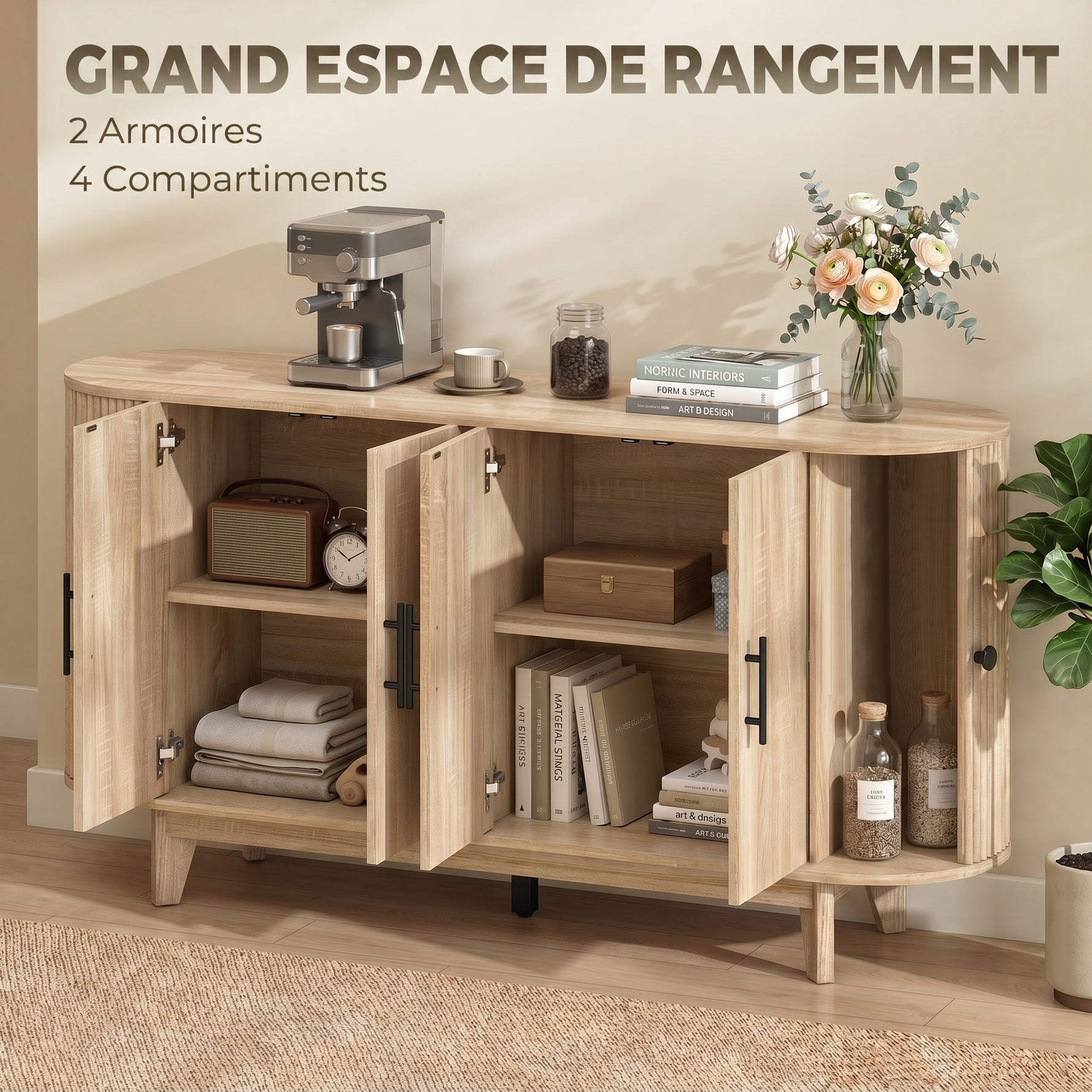 Buffet salon, meuble de rangement ovale avec 6 portes et 2 étagères réglables, 147x40x76cm, chêne