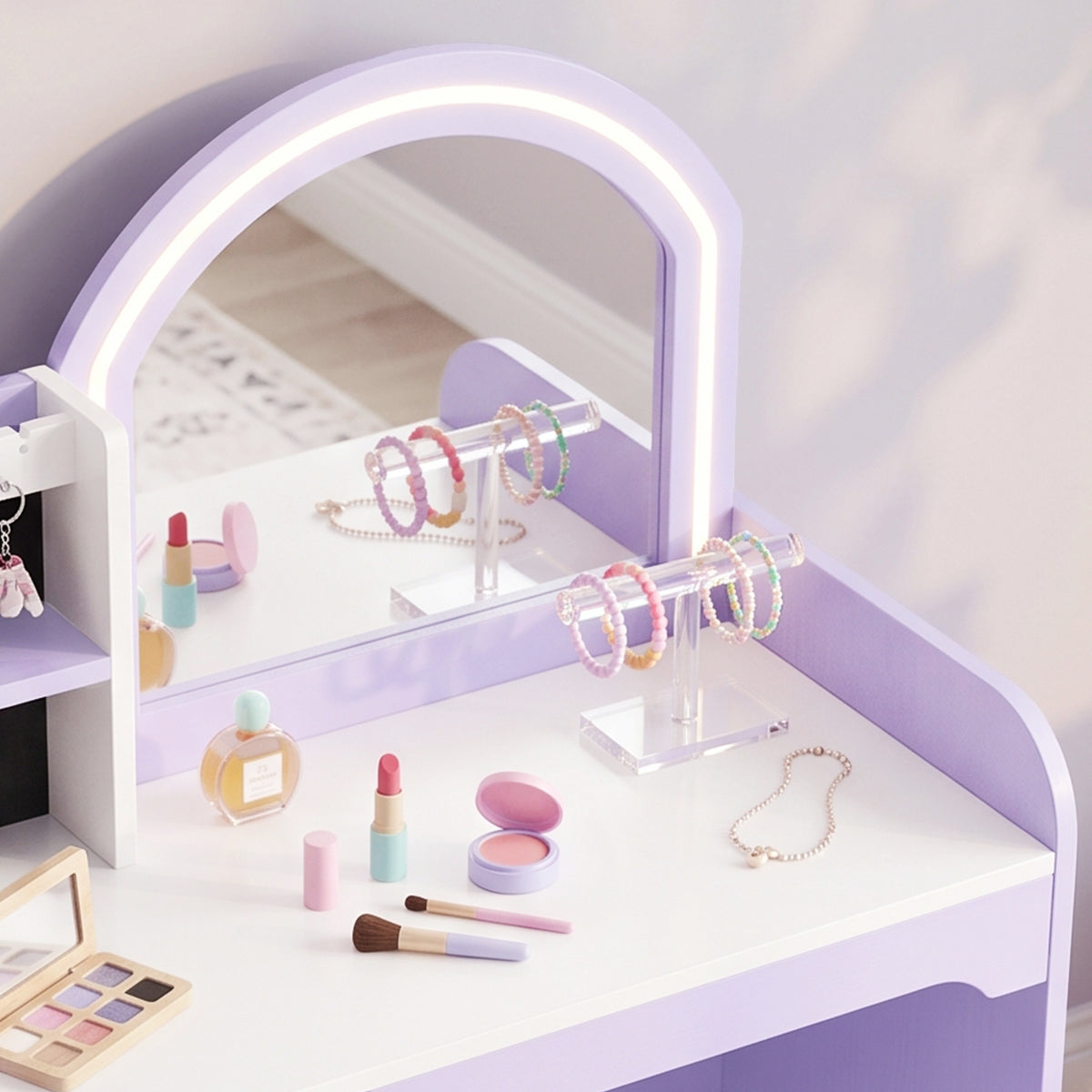 Coiffeuse pour Enfants avec Tabouret et Miroir en Acrylique à Éclairage Bicolore Coiffeuse Bureau Fille 3-8 Ans Violet
