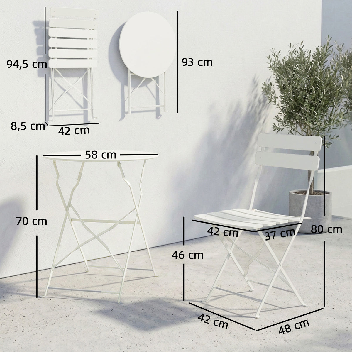 Ensemble Bistrot de Jardin 3 Pièces Table et 2 Chaises Pliantes à Lattes Double Protection Antirouille Crème