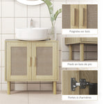 Meuble salle de bain sous lavabo meuble sous lavabo portes en rotin pieds bois de pin 2 niveaux 60 x 30 x 60 cm chêne
