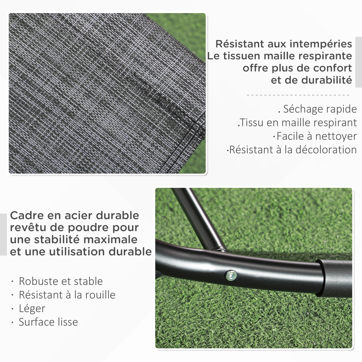 Chaise longue à bascule avec tétière utilisation extérieure intérieure gris chiné