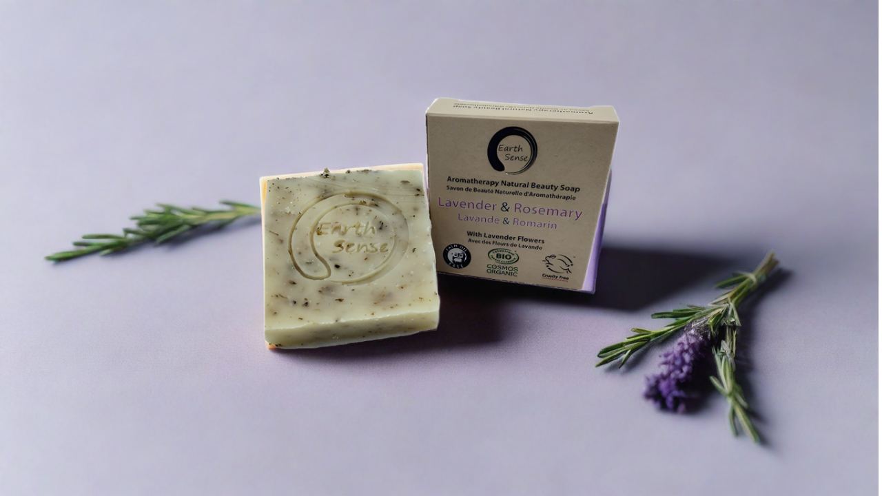Savon Solide Bio Certifié – Lavande & Romarin avec Fleurs de Lavande 90g