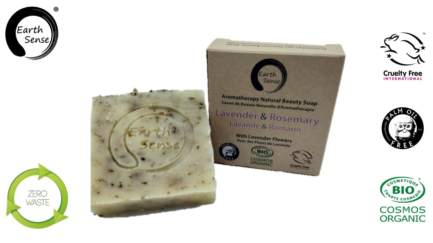 Savon Solide Bio Certifié – Lavande & Romarin avec Fleurs de Lavande 90g