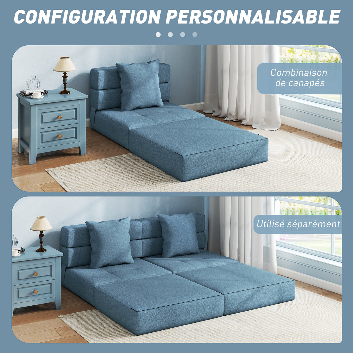 Chauffeuse canapé-lit convertible fauteuil 1 place avec 1 coussin déhoussable, tissu bleu foncé