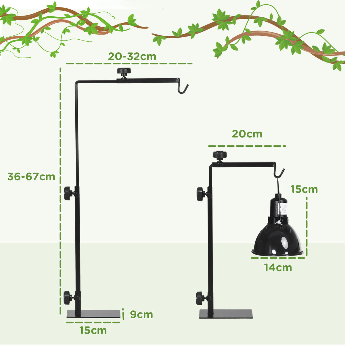 Support de lampe chauffante pour reptiles hauteur et largeur réglables pour amphibiens base en acier 32 x 9 x 67 cm noir