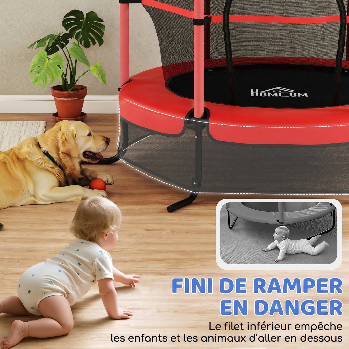 Trampoline Enfant Ø 1,63 × 1,9H m Filet de sécurité Porte zipée Couvre-Ressorts 6 poteaux rembourrés Inclus Rouge