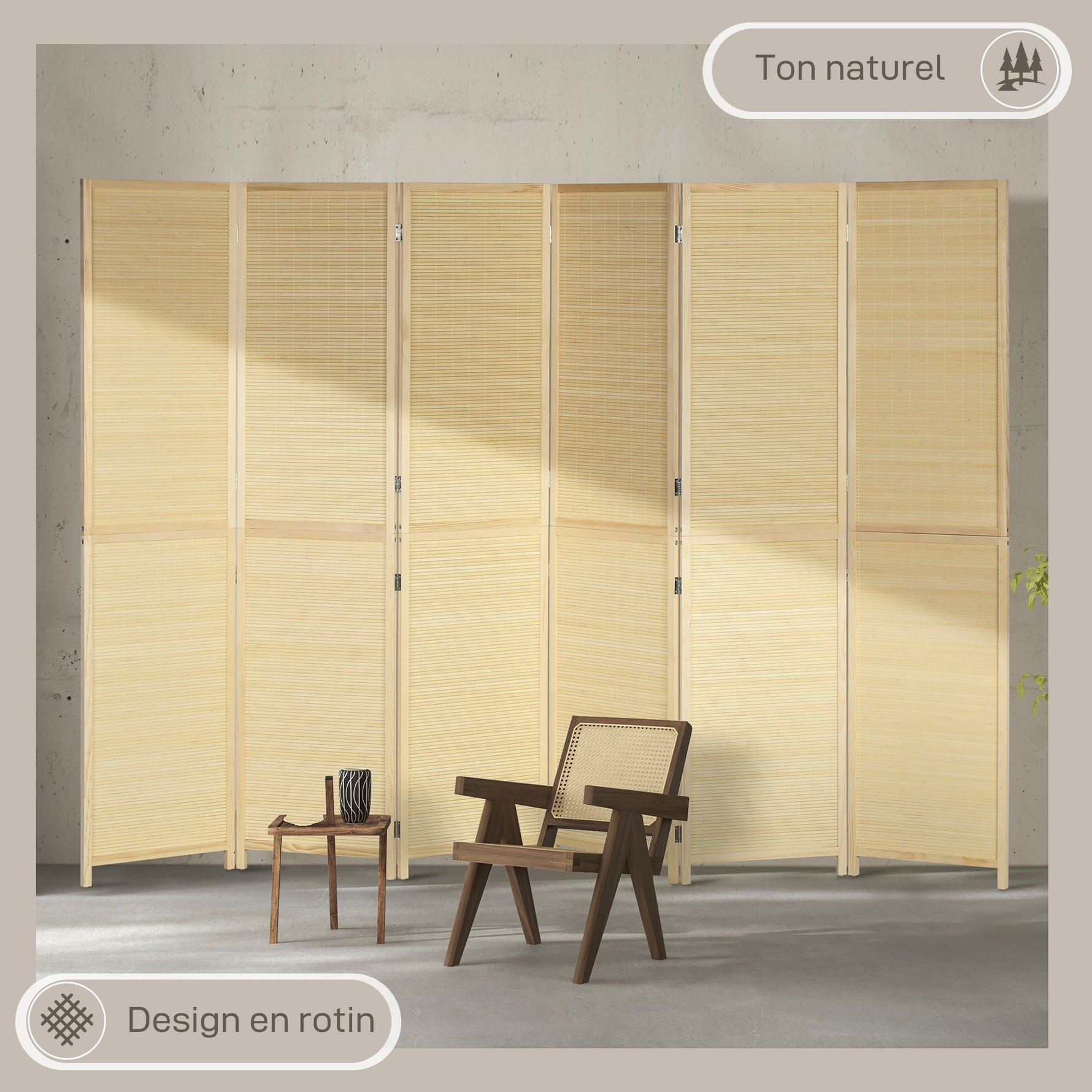 Paravent en bois de bambou 6 panneaux 270 x 180 cm séparateur de pièce cloison de séparation pliable - naturel