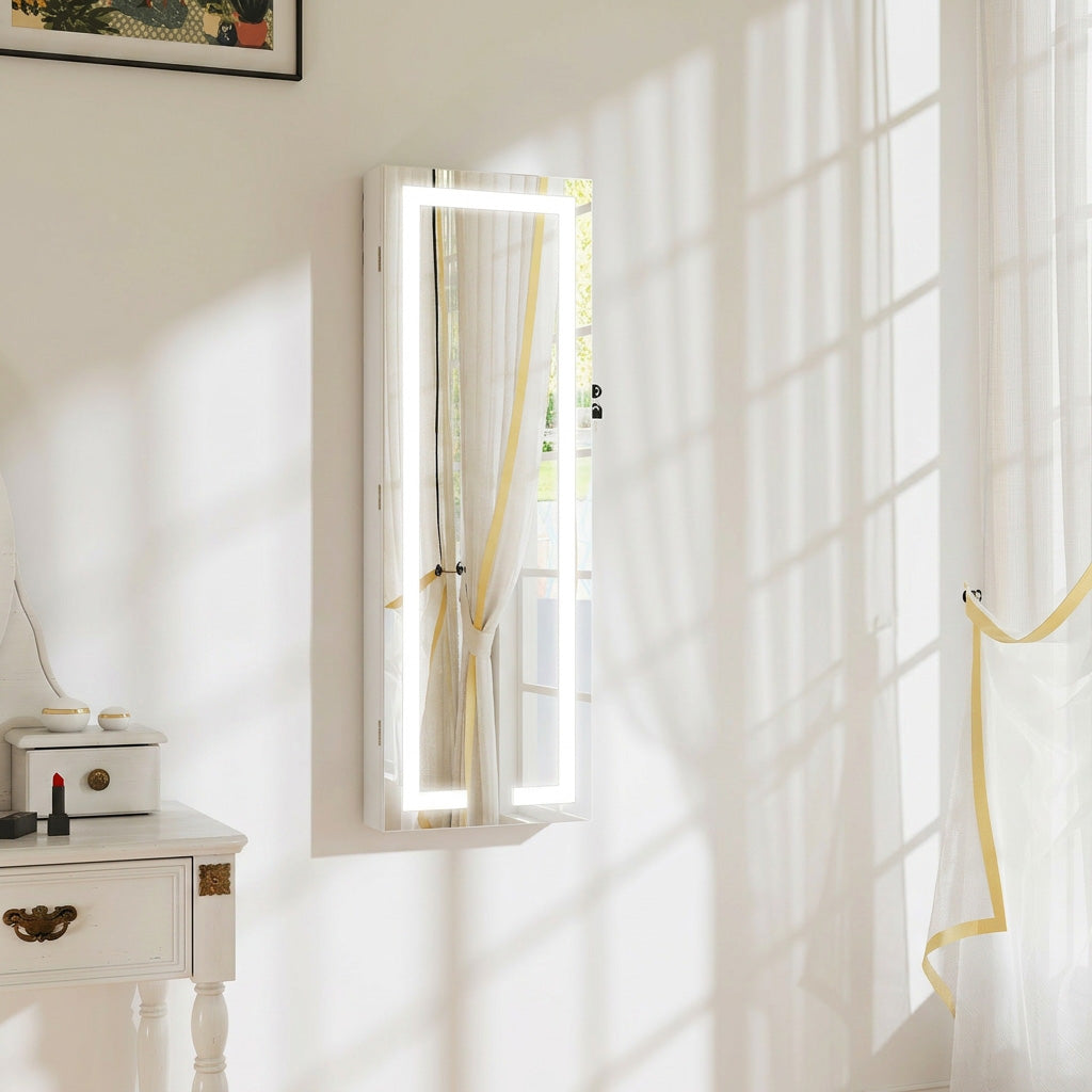 Armoire à bijoux avec LED, organisateur de bijoux mural/de porte verrouillable avec miroir, 37 x 10,5 x 108 cm, blanc
