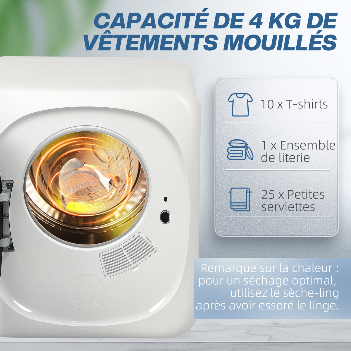 Sèche linge à évacuation électrique 800 W 4 Kg avec 5 modes de séchage, cuve en acier inoxydable, charge frontale
