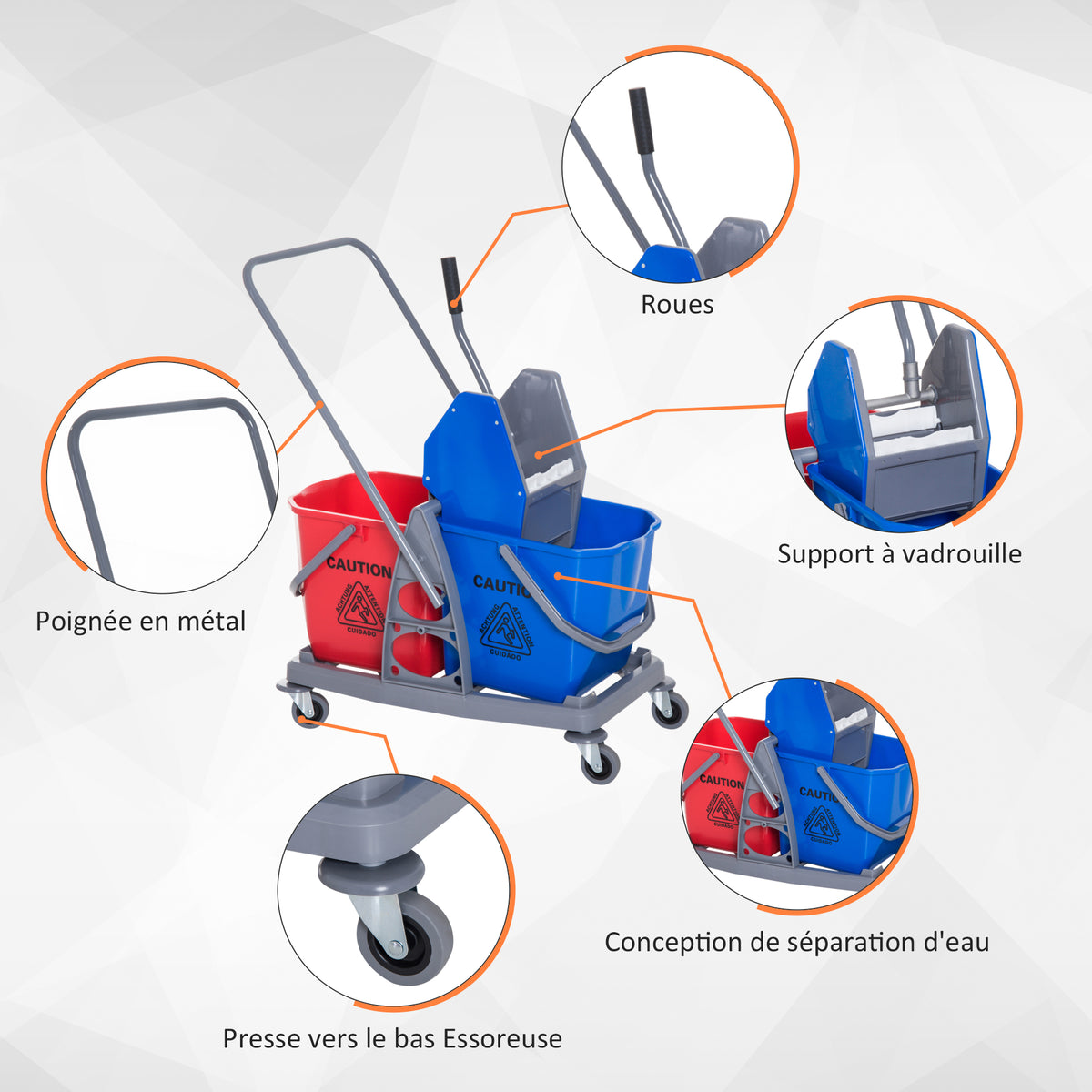 Professioneller Reinigungswagen mit Backenpresse, 2 Eimern à 25 l, 73 L × 45 B × 92 H cm, Kunststoff, grau/blau/rot