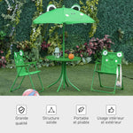 Ensemble Salon de Jardin Enfant 4 pcs Design Grenouille - Table Ronde + 2 chaises Pliables + Parasol - métal époxy Oxford Vert