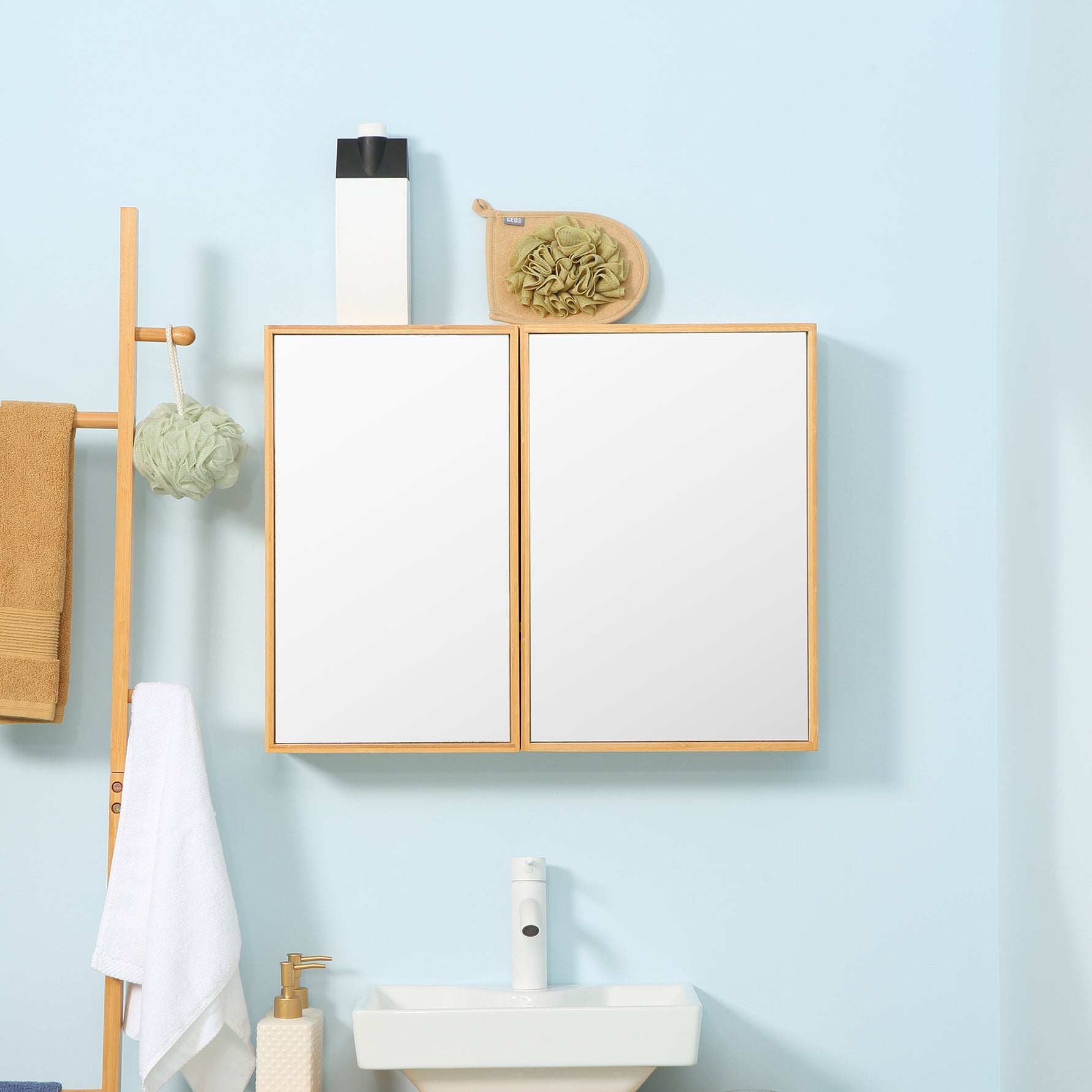 Armoire murale de salle de bain avec miroirs et 2 portes en bambou 65,2 x 14 x 50 cm