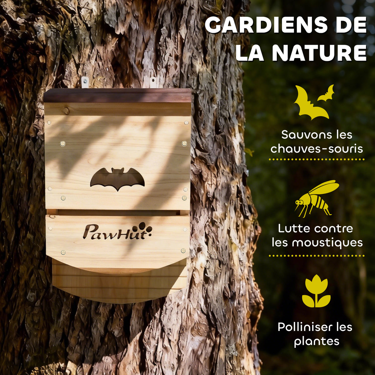 Set di 3 casette per pipistrelli in legno, rifugio per pipistrelli con piattaforma scanalata 23 x 9,5 x 36,5 cm, legno naturale