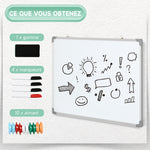 Tableau blanc magnétique cadre aluminium 90 x 60 cm avec feutres, effaceur et aimants