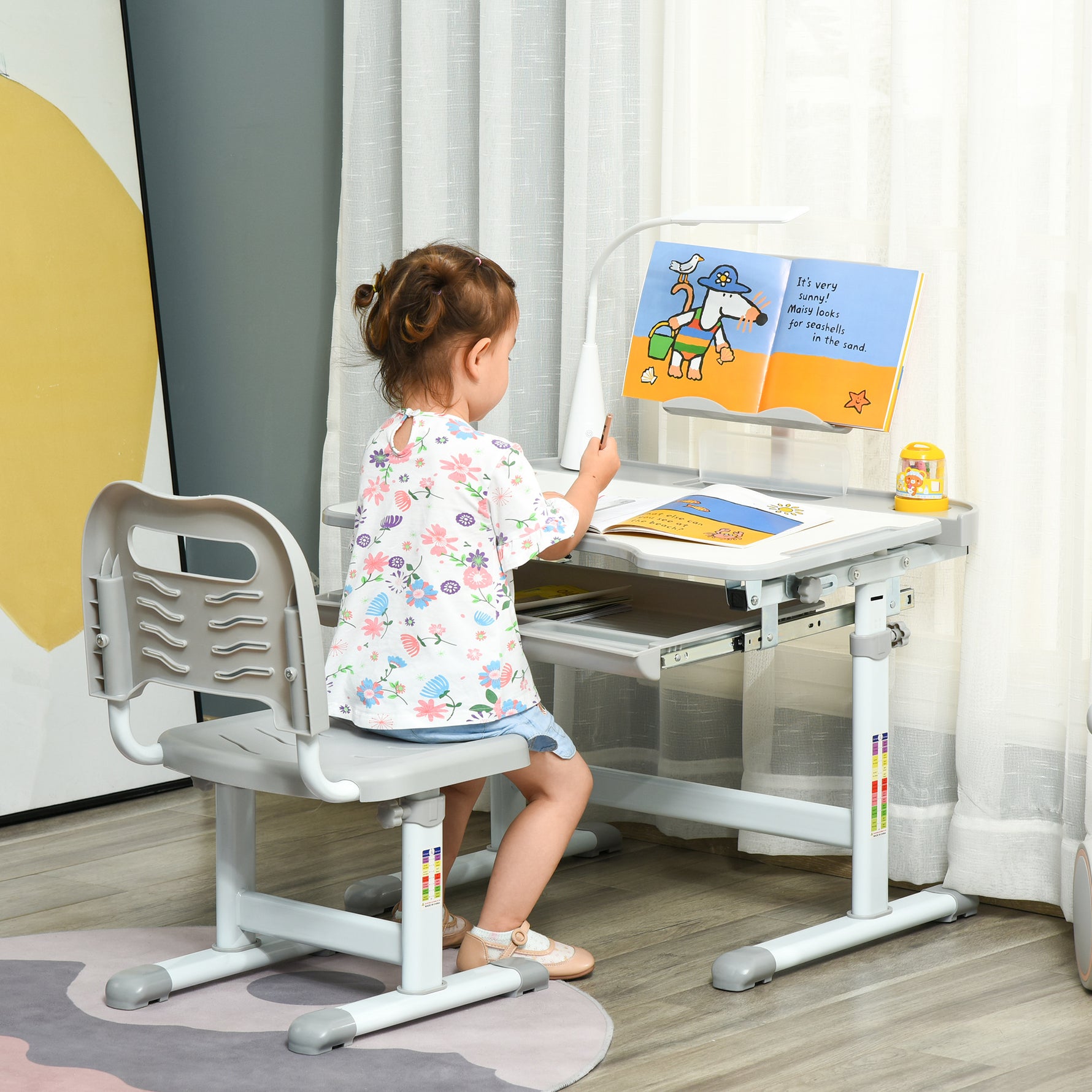 Ensemble chaise et bureau pour enfants avec lampe LED hauteur réglable plateau incliné support de lecture gris