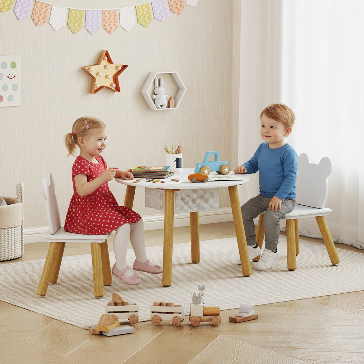 Ensemble 1 table ronde, 2 chaises pour enfant 3 pièces, dossier en forme d'ours, activités, bricolage, repas, 3-6 ans