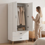 Armoire chambre penderie 2 portes à fermeture douce, 2 tiroirs et barre de suspension, 80x54x180cm, blanc