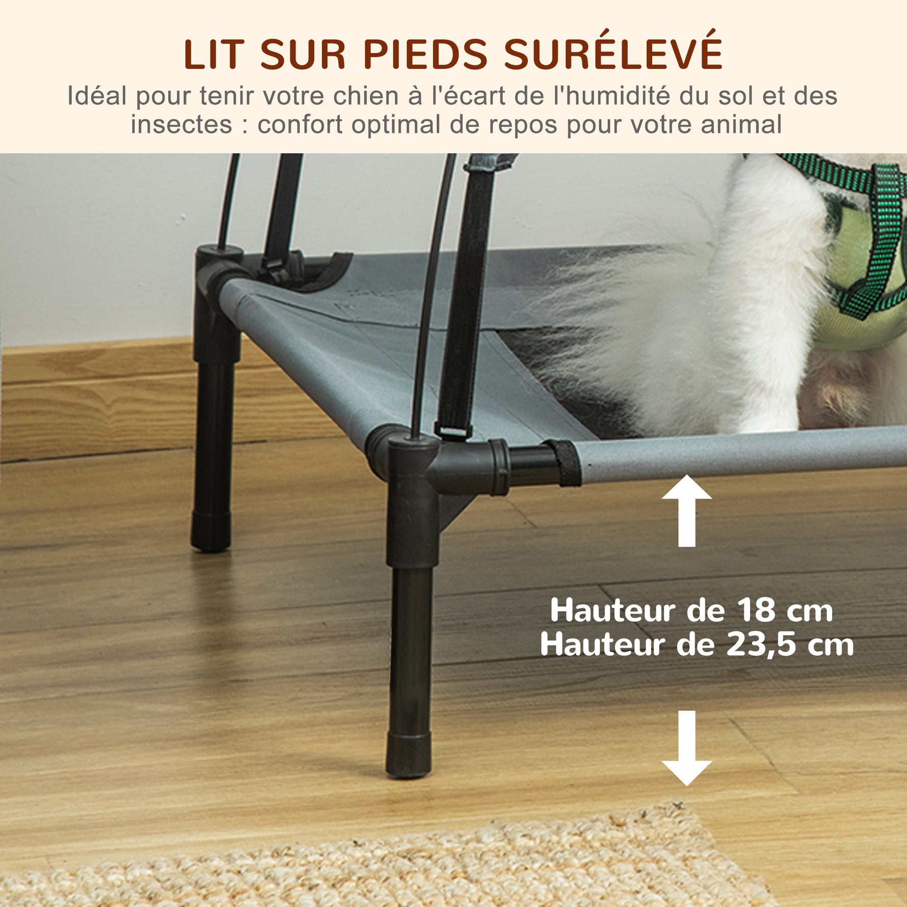 Lit chien sureleve avec parasol, lit de camp chien chat sur pieds tissu Oxford respirant, anti-UV cadre en métal sac de transport inclus couchage extérieur pour chat 161 x 46 x 61 cm gris noir